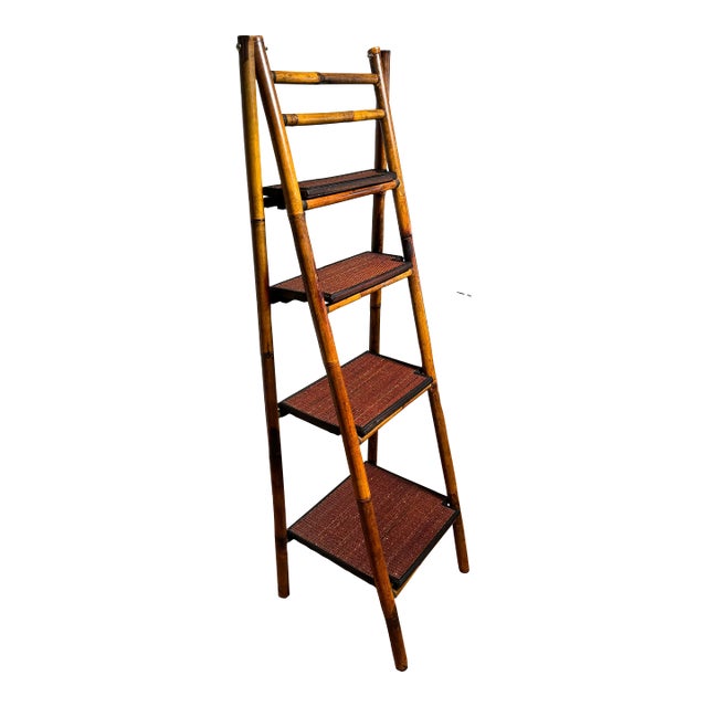 Vintage Burnt Bamboo & Wicker Folding Etagere/Bookshelf For Sale