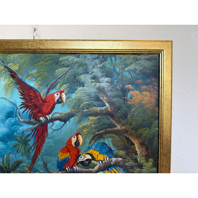 Vintage Tropical Parrot Oil Painting Signed 1996, Colorful Macaws Jungle Scene For Sale - Image 10 of 13