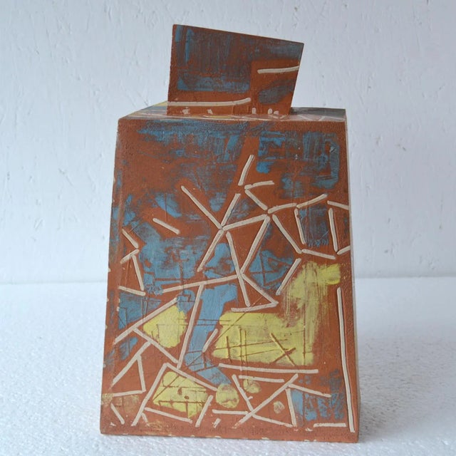 1980s Terracotta Art Vase Decorated in Bright Colours For Sale - Image 5 of 12