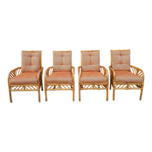 Late 20th Century Set of Four Brown Jordan Rattan, Leather and Upholstered Armchairs