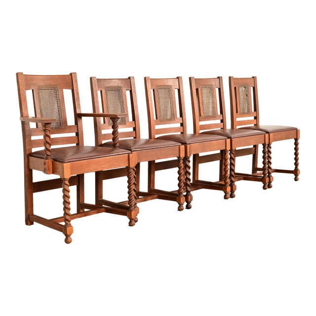 Stickley Brothers Antique Mission Oak and Cane Arts & Crafts Dining Chairs, Set of Five For Sale