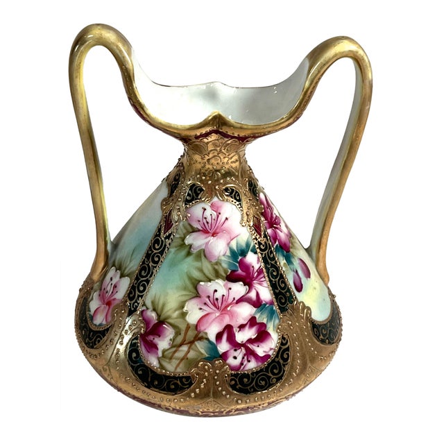Ceramic 1910s Hand-Painted Nippon Gilt Enamel Double Whiplash Handle Vase For Sale - Image 7 of 7