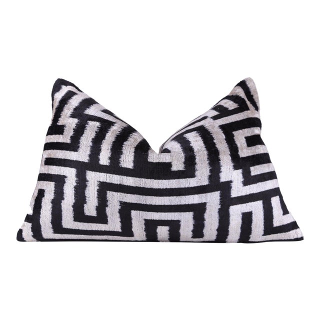 Black & White Geometric Velvet Throw Pillow | 16x24 Handmade Luxury Decor For Sale