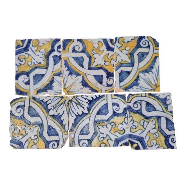 17th Century Portuguese Antique Tiles Set of 6 Blue, Yellow & White Geometric Floral For Sale