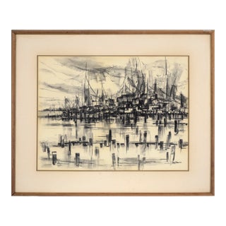 Mid Century Nautical Seascape With Seagulls in Charcoal on Paper by Maude Folmar Ramsey For Sale