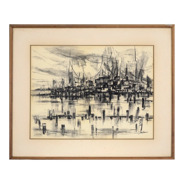 Mid Century Nautical Seascape With Seagulls in Charcoal on Paper by Maude Folmar Ramsey For Sale