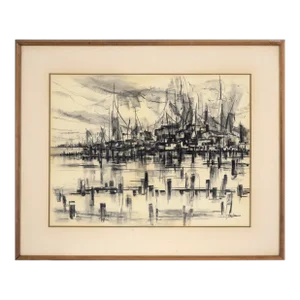 Mid Century Nautical Seascape With Seagulls in Charcoal on Paper by Maude Folmar Ramsey