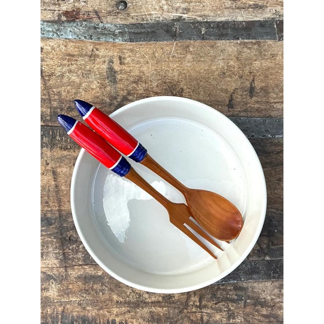 Vintage Italian Striped Ceramic Salad Bowl and Utensils - 3 pcs For Sale - Image 9 of 12