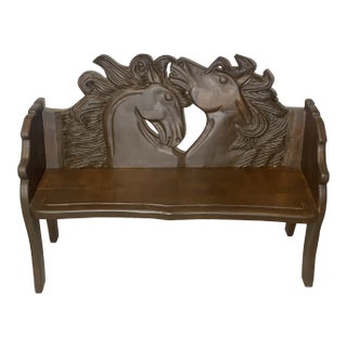 1990s Vintage Rustic Southwestern Carved Horses Head Bench in the Style of Ralph Lauren For Sale