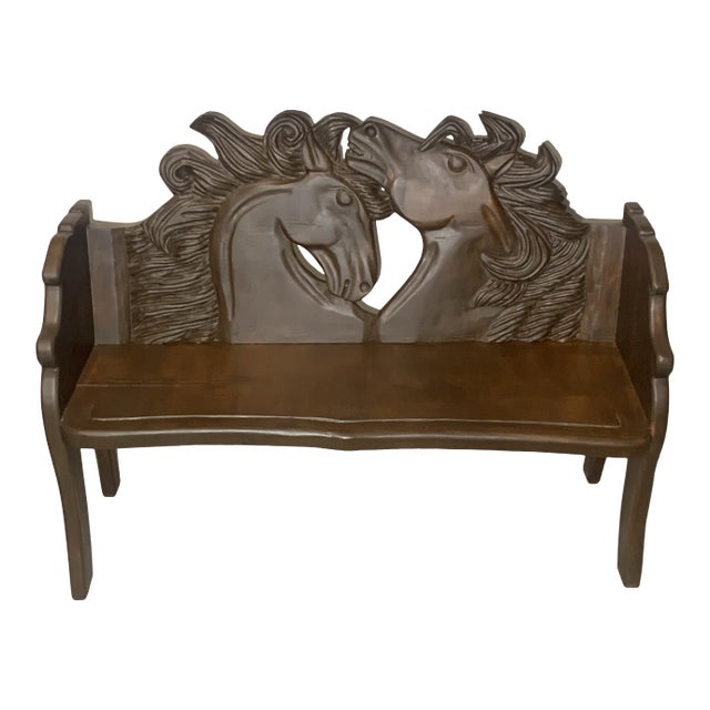 1990s Vintage Rustic Southwestern Carved Horses Head Bench in the Style of Ralph Lauren For Sale