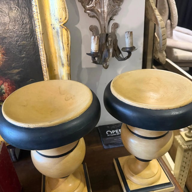 1930s Art Deco Black and White Ivory Lacquered Wood Italian Candlehloders For Sale - Image 10 of 12