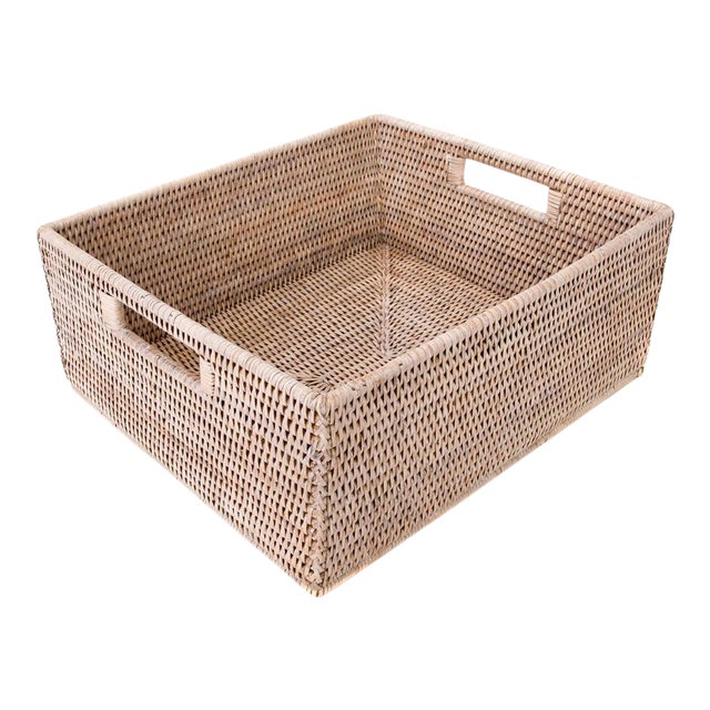 Artifacts Rattan Rectangular Basket with Cutout Handles in White Wash - 14" For Sale