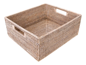 Artifacts Rattan Rectangular Basket with Cutout Handles in White Wash - 14"