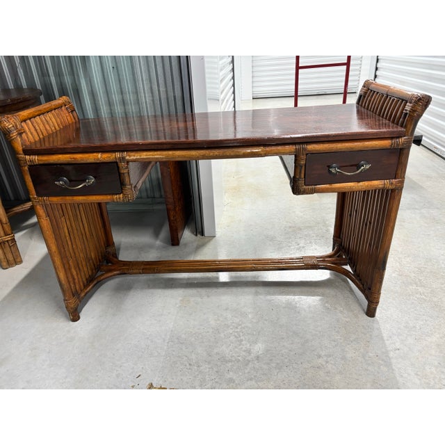 Chestnut Paul Frankl Styled Stacked Rattan Bamboo Desk. Vintage, Refurbished, Mahogany Desk or Entry Table. For Sale - Image 8 of 9