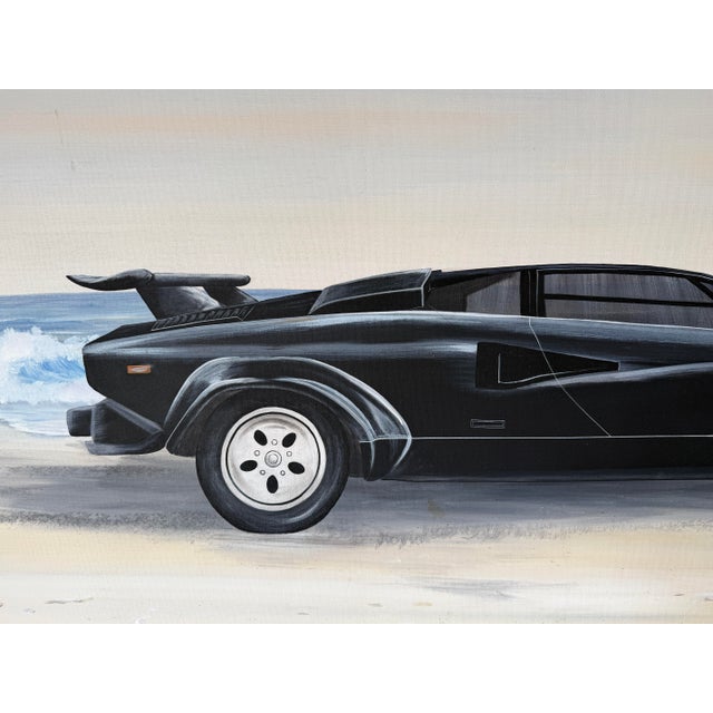 1980s Schamerhorn Black Lamborghini Countach on Sandy Beach Oil on Canvas Painting – Signed, Unframed For Sale - Image 10 of 14