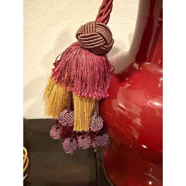1970s Hollywood Regency Frederick Cooper Red Lamps With Silk Tassels, a Pair For Sale - Image 12 of 13