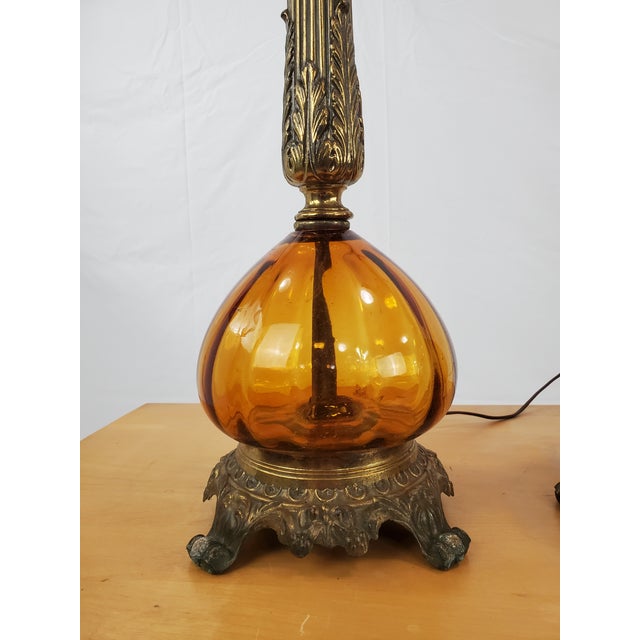 Pair Mid-Century Amber Glass Table Lamps, Hollywood Regency Style. Amber Glass. 1960's Bedroom Lamp. Glass is clear and...