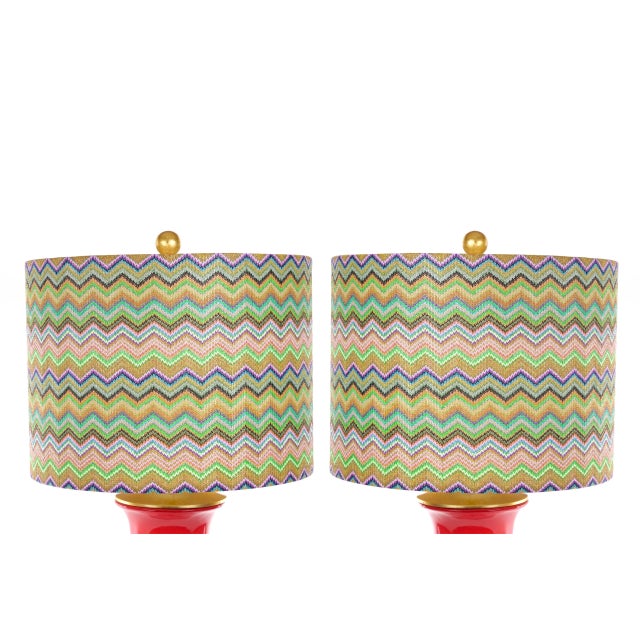 Modern Pair Salmon Porcelain Tables Lamps With Giltwood Pedestals For Sale - Image 3 of 13