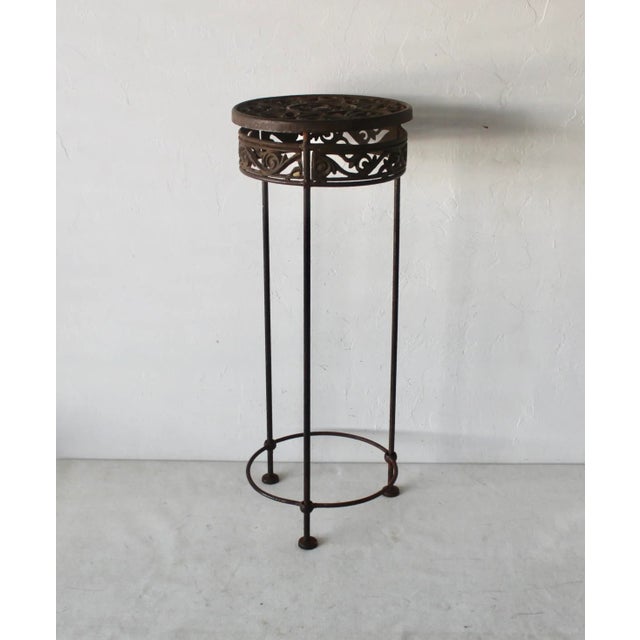 1980s Cast Iron Ornate Cylindrical Plant Stand With Patina Vintage For Sale - Image 5 of 11