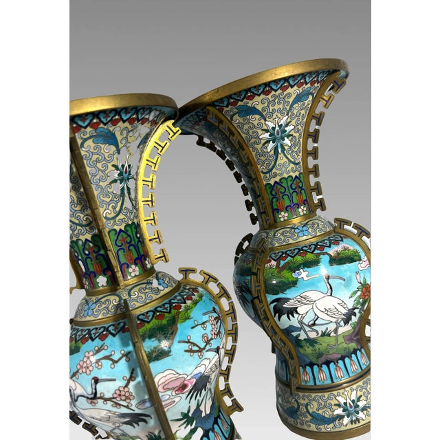 Chinese Jingfa Blue & Gold 'Dragon Back' Cloisonne Beaker Form Vases With Auspicious Cranes & Lotus - A Pair on Wood Stands For Sale - Image 9 of 12