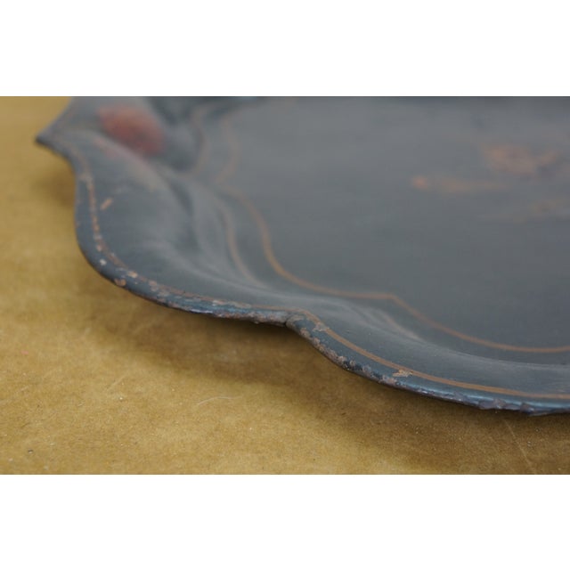 Metal Antique Hand Painted Scaloped Floral Rose Toleware Serving Tray For Sale - Image 7 of 12