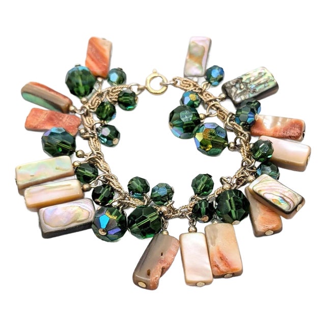 Vintage 1970s Signed Napier Green Bead & Abalone Shell Charm Bracelet For Sale