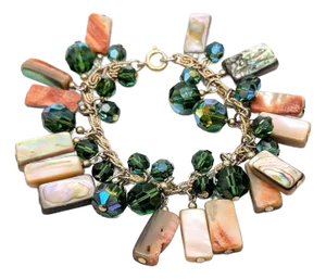 Vintage 1970s Signed Napier Green Bead & Abalone Shell Charm Bracelet