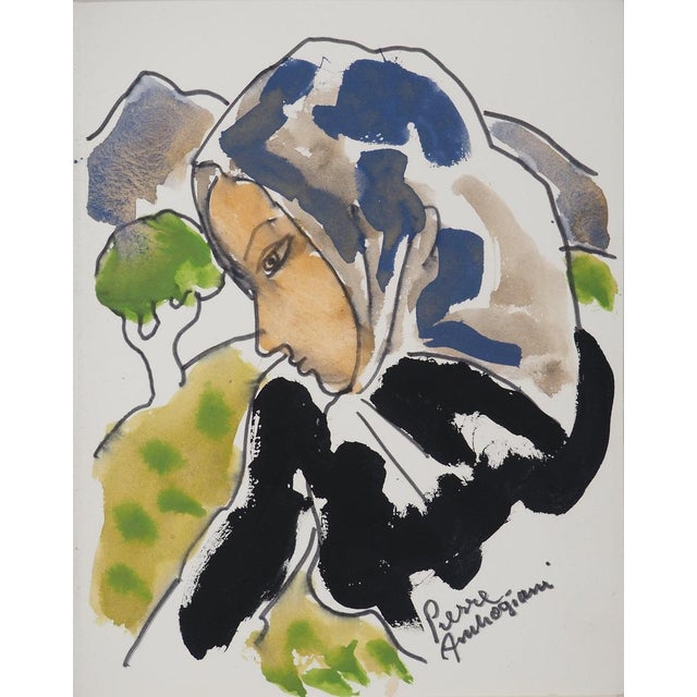 Pierre Ambrogiani, The Peasant Woman, Original Signed Watercolor For Sale - Image 6 of 6