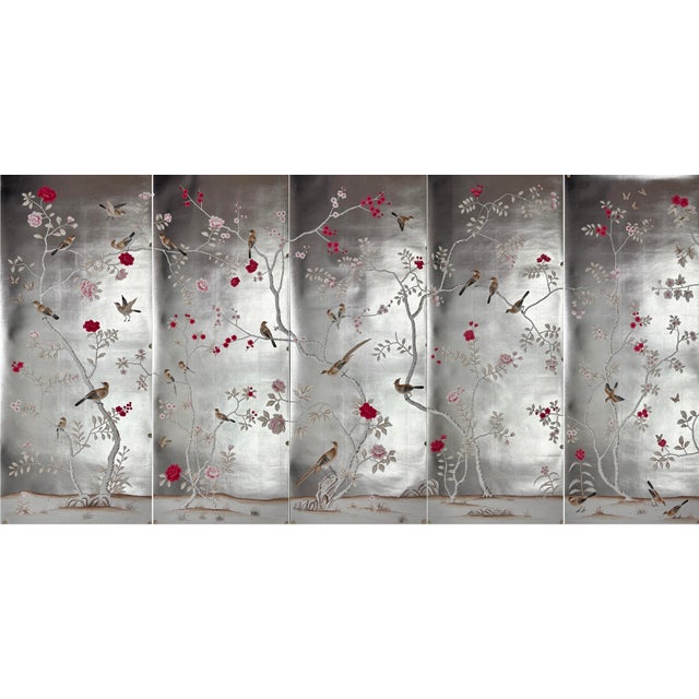Chinoiserie Silver Leaf Chinoiserie Hand-Painted Bird & Peony Wall Panels (Set of 5) For Sale - Image 3 of 7