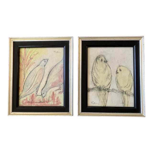 1960’s 2 Original Abstract Bird Ink Drawings/Watercolors Signed Perkins -A Pair For Sale