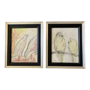 1960’s 2 Original Abstract Bird Ink Drawings/Watercolors Signed Perkins -A Pair