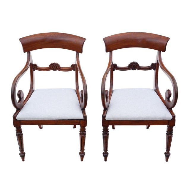 Antique 19th Century Pair of Mahogany Scroll-Arm Elbow Carver Dining Chairs – Fine Quality A rare decorative find, this...