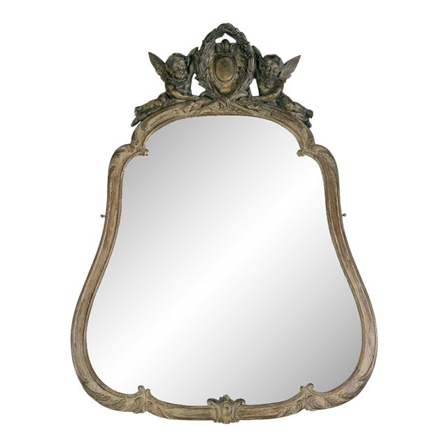 19th Century French Carved Wood Wall Mirror With Cherub Crest For Sale