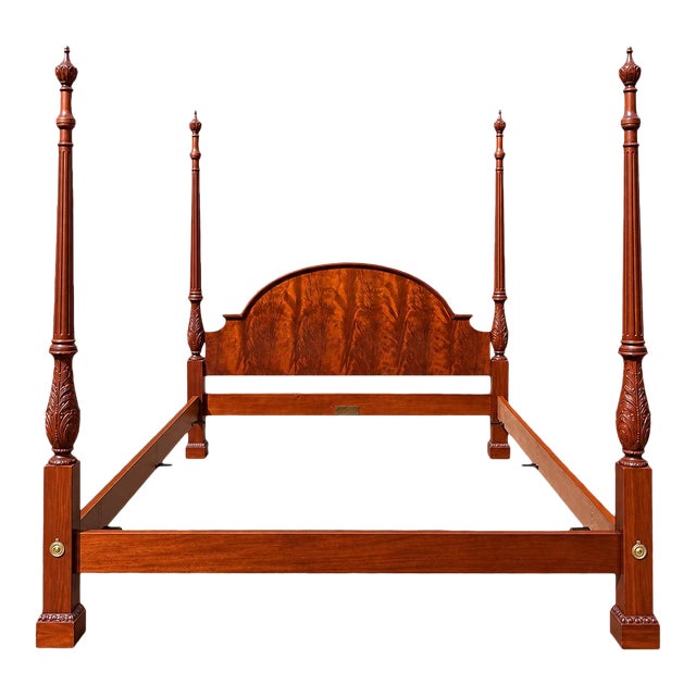 Baker Furniture King Size Flamed Mahogany Georgian Style Poster Bed Frame For Sale