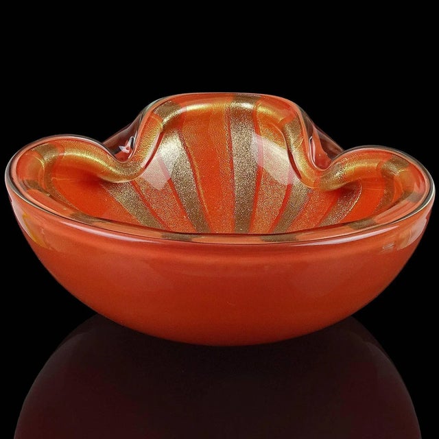 Mid-Century Modern Vintage Murano Barbini Persimmon Orange Gold Flecks Copper Aventurine Stripes Italian Art Glass Large Bowl For Sale - Image 3 of 5
