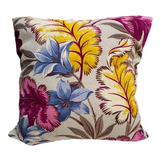 1990s Tropical Mid-Century Style Barkcloth Pillow with Down Insert For Sale