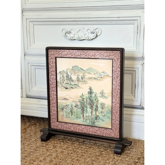 1960s Asian Hand-Painted Landscape Tabletop Screen | Traditional Oriental Desk Decor For Sale - Image 9 of 11