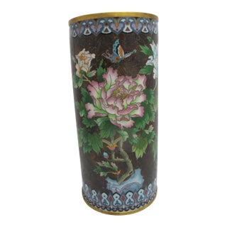 Large Cloisonne Enamel Flower & Butterfly Vase or Umbrella Stand For Sale