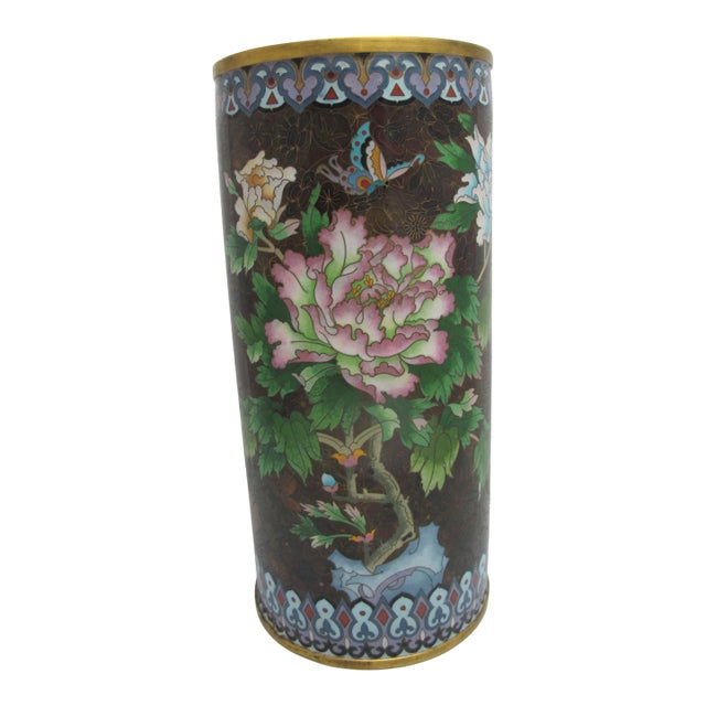 Large Cloisonne Enamel Flower & Butterfly Vase or Umbrella Stand For Sale