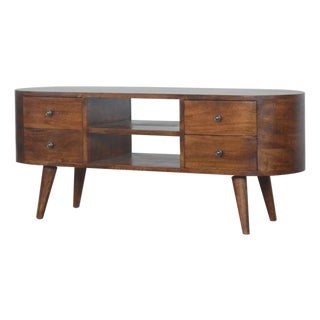 Rounded Chestnut Mango Wood Media Console With Four Drawers For Sale