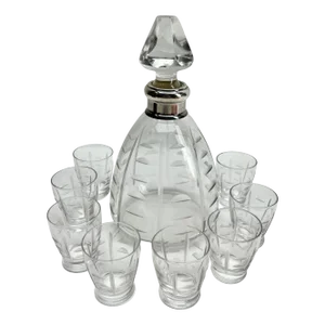 Silver-Mounted Faceted Crystal Decanter with 8 Shot Glasses, 1950s, Set of 9