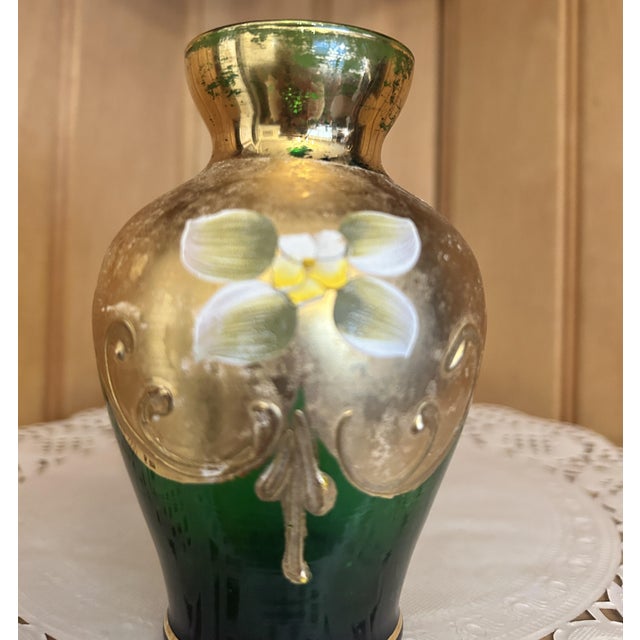 Victorian Antique Hand-Painted Bohemian Green Gold Moser Small Glass Vase Floral Motif For Sale - Image 3 of 8
