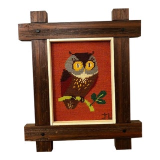 Vintage Mid-Century Modern Owl Needlepoint For Sale