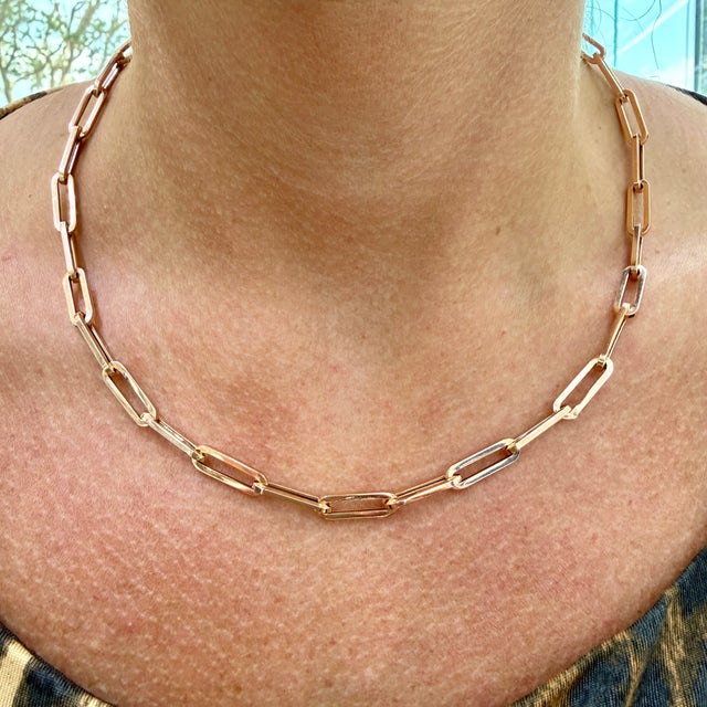 Rose Unisex 14k Rose Gold 5.20mm Oval Paper Clip Link Chain Necklace For Sale - Image 8 of 8