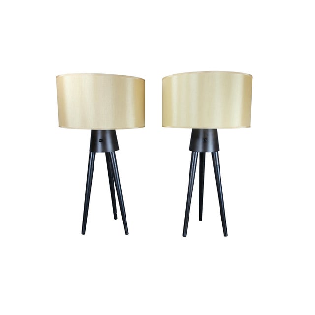 Mid-Century Modern Midcentury Style Black Tripod Lamps with Champagne Shades - A Pair For Sale - Image 3 of 6