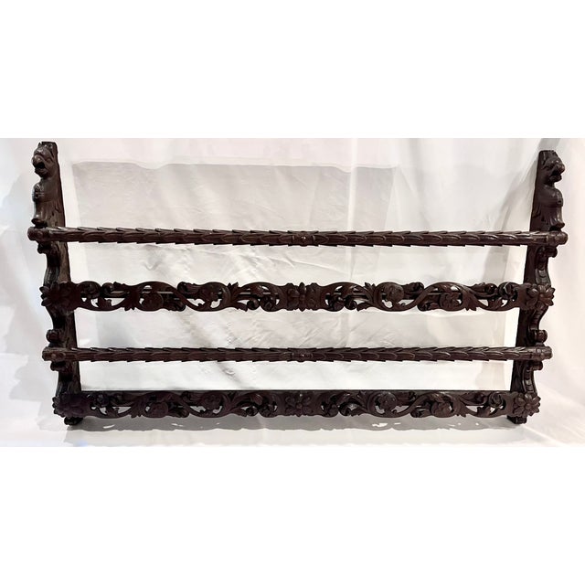 Antique Late 1800s Belgian Carved Oak Plate Rack – Griffin 55" Wall Shelf For Sale In Dallas - Image 6 of 18