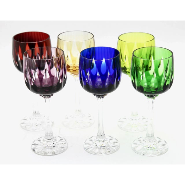 Cut to Clear Crystal Stem Glasses with Colored Overlay from Lausitzer, Set of 6 For Sale - Image 4 of 12