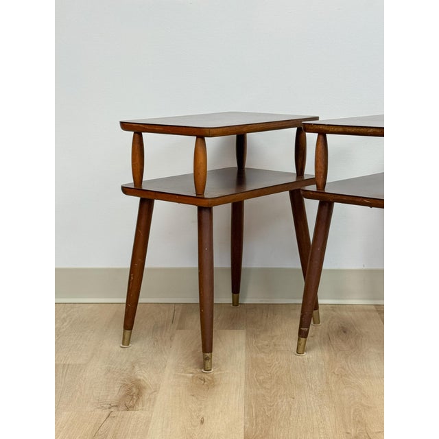 Vintage End Tables MCM Atomic Two-Tier Wood Laminate Pair Retro Accent For Sale - Image 10 of 15