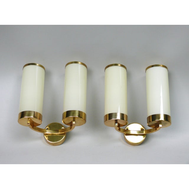 Contemporary Bauhaus Minimalist Wall Lights in Brass and Glass Cylinder, 1930s, Set of 2 For Sale - Image 3 of 18
