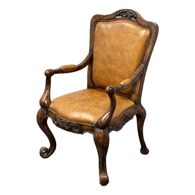Venetian Leather Bespoke Carved Wood Armchair, Vintage For Sale